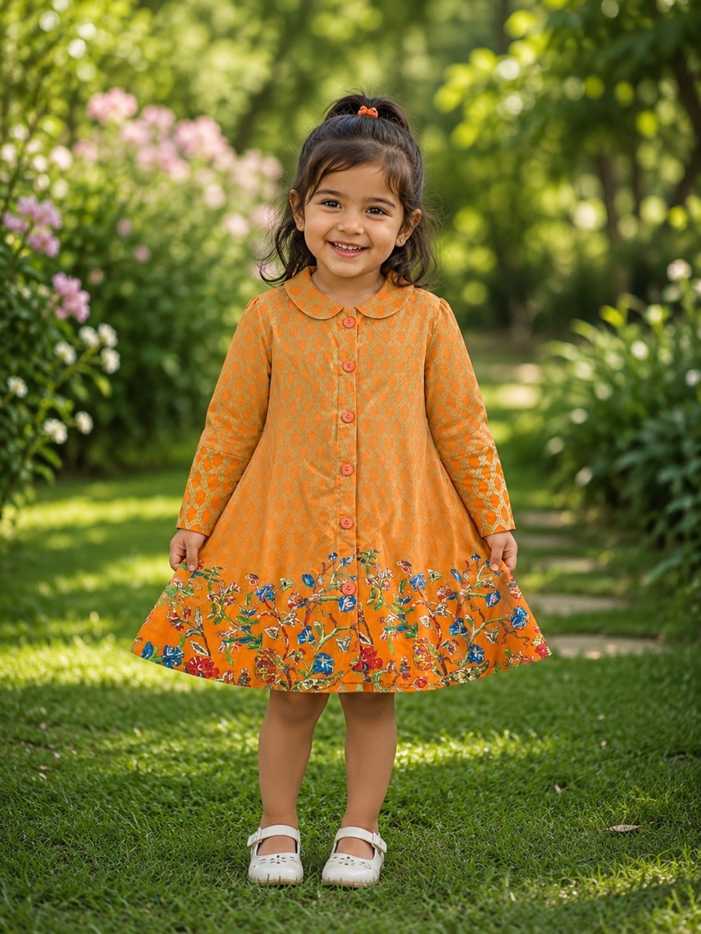 Girls Boutique Orange Floral Button-Front Dress Pima Cotton Size 2-3 Years
